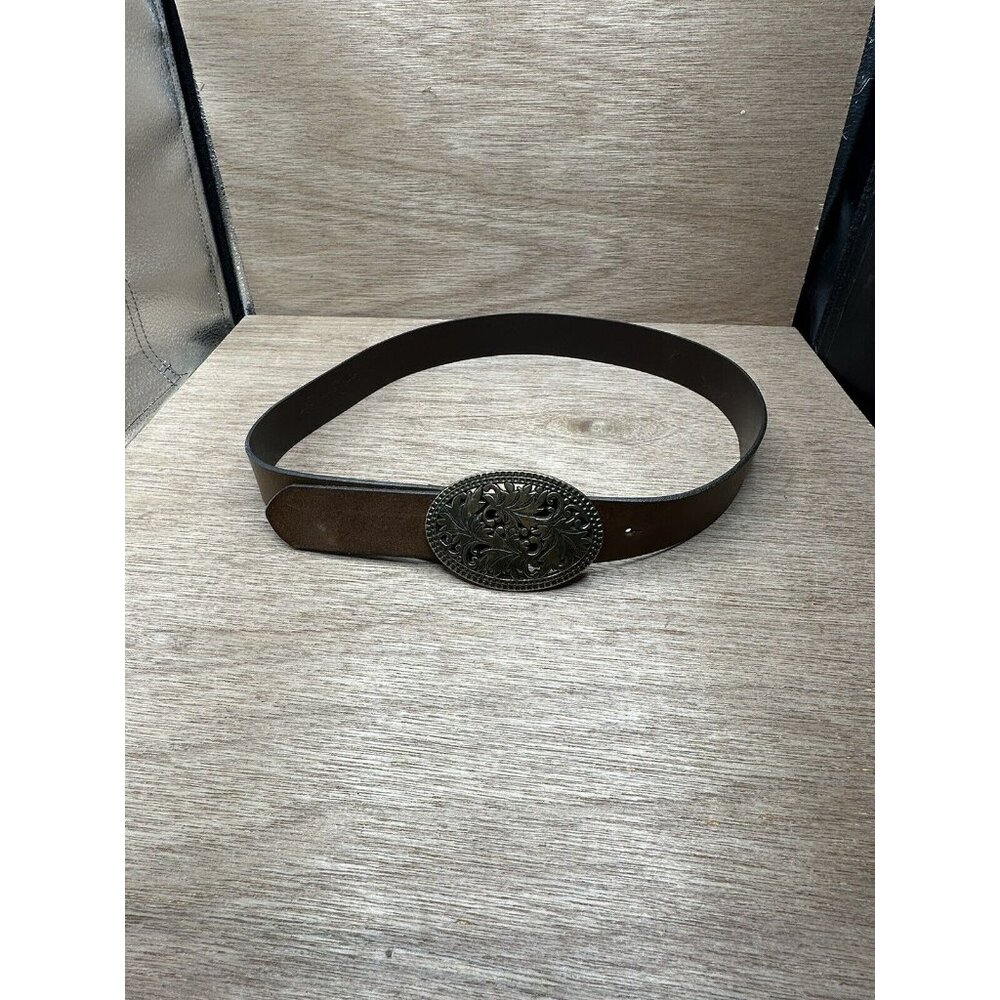 Vintage Eddie Bauer Belt Womens Medium Leather Brown Chunky Brass Buckle US Made